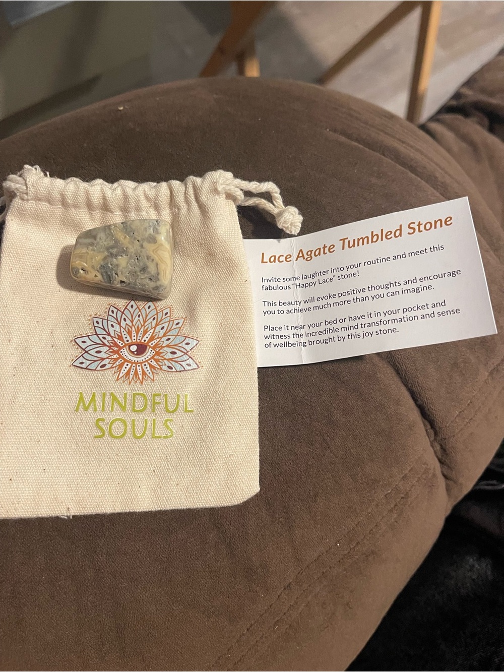 Lace Agate Tumbled Stone with Mindful Souls Drawstring Bag